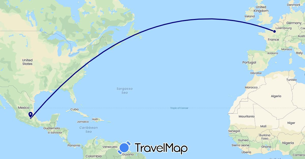 TravelMap itinerary: driving in France, Mexico (Europe, North America)